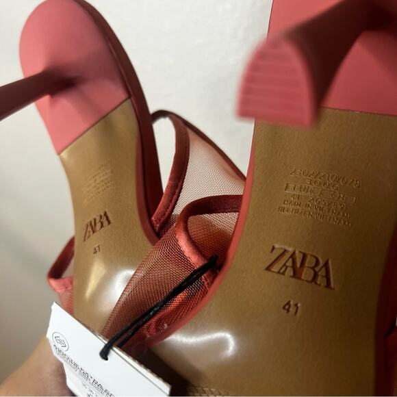 Zara coral red mesh strappy pointed heels NEW 41/10 - Picture 10 of 12